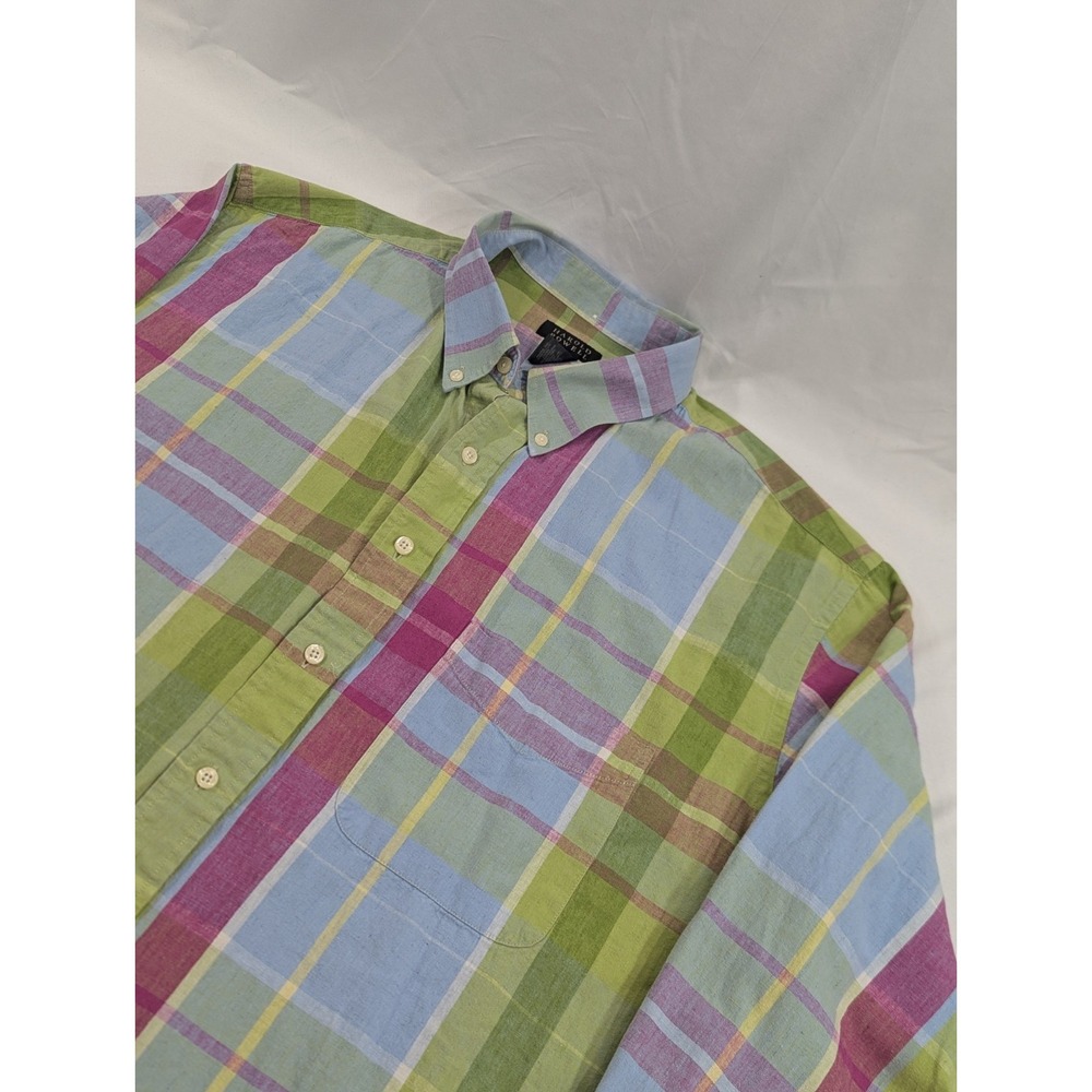 MENS HAROLD POWELL L/S LINEN COTTON‎ BLEND SHIRT SIZE XXL PASTELS PLAID